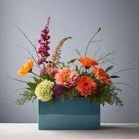 cut flower floral design, abstract style, vivid but muted color, low wide container photo