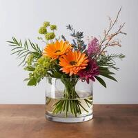 cut flower floral design, abstract style, vivid but muted color, low wide container photo