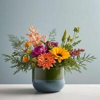 cut flower floral design, abstract style, vivid but muted color, low wide container photo