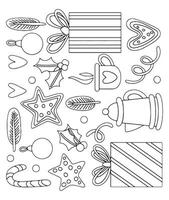 Drawing, set of Christmas elements. Gifts, gingerbread, hot chocolate, candies and fir branches. Coloring book vector
