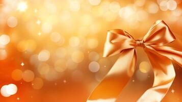 golden silk ribbon bow levitating on yellow abstract background with bokeh. bow photo with copyspace