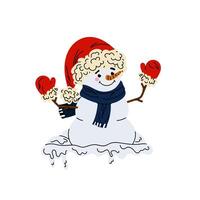 Funny snowman with mittens and hat. Frame or border with a snowman. Festive decor on a white background. vector