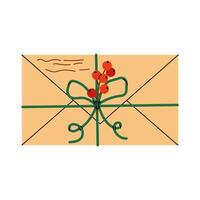 Paper envelope with bow and winter berries ilex. Post Office. Festive envelope with letter. Flat illustration on white background. vector
