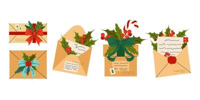 Set of open paper envelopes with letters. Post office. Letters to Santa Claus, congratulations. Flat illustration on white background. vector