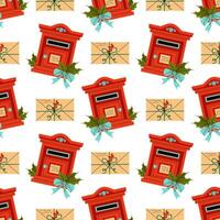 Red letterbox and paper envelope tied with string. Christmas seamless pattern. For textile, wrapping paper, background. vector