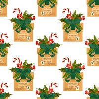 Cardboard box decorated with Christmas elements bow, ilex berries and caramel cane. Seamless pattern for textile, wrapping paper, background. vector