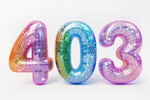 403 huge holographic transparent inflated 3d letters on white background. concept error 403 photo