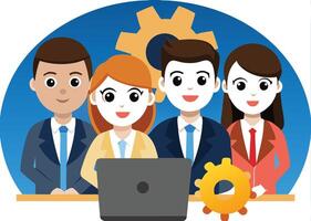 A group of people in business attire are standing around a laptop vector
