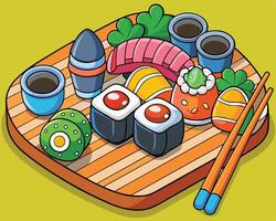 Sushi platter with chopsticks and other items vector