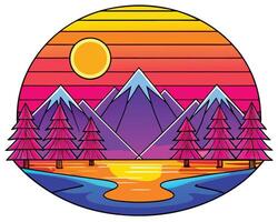 A colorful mountain scene with trees and a lake vector