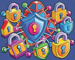 A cartoon illustration of a padlock surrounded by many different types of locks vector
