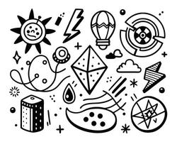 A black and white drawing of various objects vector