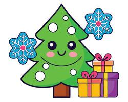 Christmas tree with presents and snowflakes vector