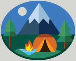 A flat design of a tent and a campfire vector