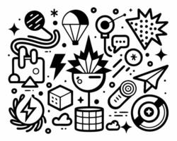 A black and white illustration of various objects vector