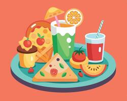 A plate with food and drinks on it vector