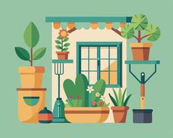 Gardening tools and plants in pots on the window sill vector