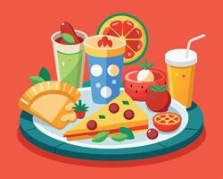 A plate with various foods and drinks on it vector
