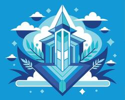 A blue and white logo with a building in the middle vector