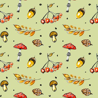 mushrooms and leaves seamless pattern