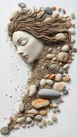 A serene face formed from pebbles and sand, blending nature and art. photo