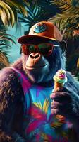 A stylish gorilla wearing sunglasses enjoys ice cream in a tropical setting. photo