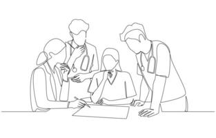 Continuous one line drawing of team of surgeons meeting to discuss best surgical approach for patient, hospital surgical team concept, single line art vector
