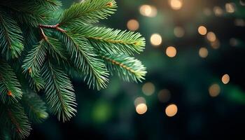 Fir tree branch with blur bokeh background for Christmas holiday copy space, photo
