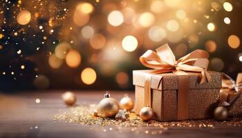 Christmas presents at the table with bokeh light in background, photo