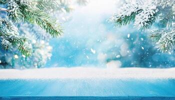 Fir tree branch with blur bokeh background for Christmas holiday copy space, photo