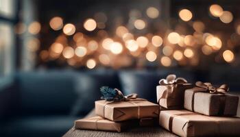 Christmas presents at the table with bokeh light in background photo