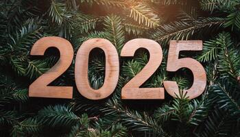 2025 numbers made of wood over fir tree branches, Happy New year concept, photo