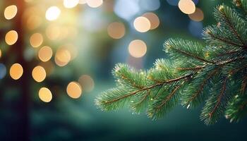 Fir tree branch with blur bokeh background for Christmas holiday copy space, photo