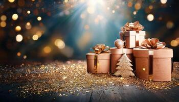 Christmas presents at the table with bokeh light in background photo