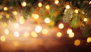 Fir tree branch with blur bokeh background for Christmas holiday copy space, photo