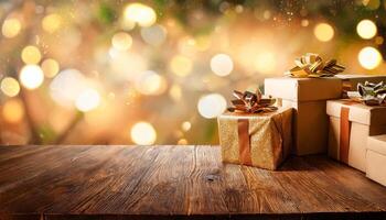 Christmas presents at the table with bokeh light in background photo