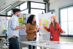 Multiethnic young business people working together in modern office, Collaborate to designing an application for use on the internet network. photo