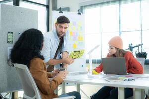 Multiethnic young business people working together in modern office, Collaborate to designing an application for use on the internet network. photo