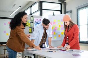 Multiethnic young business people working together in modern office, Collaborate to designing an application for use on the internet network. photo