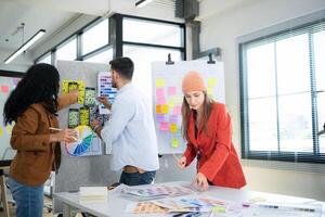 Multiethnic young business people working together in modern office, Collaborate to designing an application for use on the internet network. photo