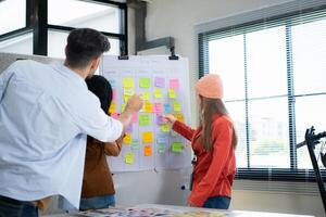 Multiethnic young business people working together in modern office, Collaborate to designing an application for use on the internet network. photo