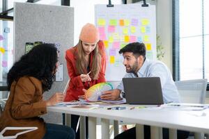Multiethnic young business people working together in modern office, Collaborate to designing an application for use on the internet network. photo