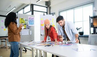 Multiethnic young business people working together in modern office, Collaborate to designing an application for use on the internet network. photo