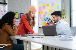 Multiethnic young business people working together in modern office, Collaborate to designing an application for use on the internet network. photo