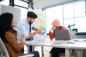 Multiethnic young business people working together in modern office, Collaborate to designing an application for use on the internet network. photo
