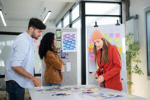 Multiethnic young business people working together in modern office, Collaborate to designing an application for use on the internet network. photo