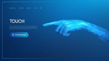 Low poly 3D illustration of a hand pointing with geometric blue shapes on a digital interface. Artificial intelligence technology background vector