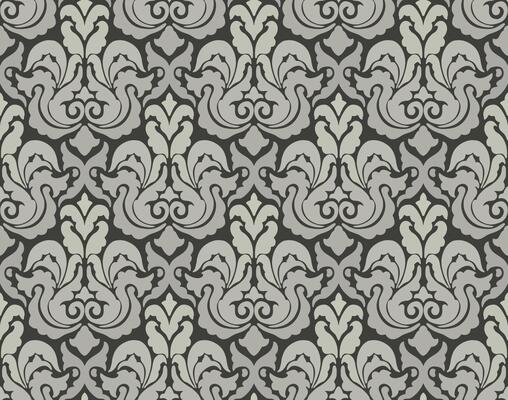 Vintage-inspired damask pattern in black and gray with bold ornamental and floral motifs.
