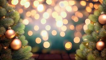 christmas tree with decorations and blurred ball lamp background. Copy space for adding text. photo