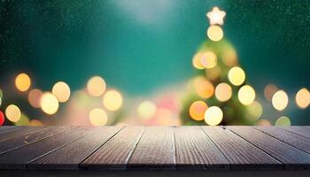 christmas lights on wooden table background with copy space for place text and image design photo